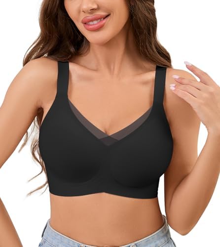 POSESHE Womens Wireless Bras V Mesh Comfortable Bralette Supportive Tshirt No Underwire Seamless Push Up Everyday Bra