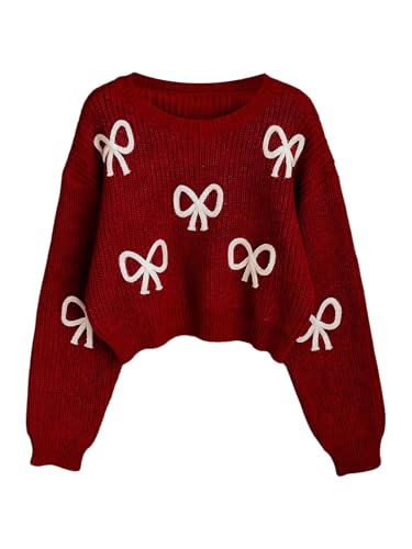 Image of BEAUDRM Girl's Cute Bow Sweater Crew Neck Long Sleeve Drop Shoulder Loose Pullover Tops