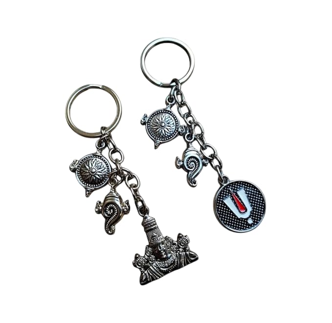 Combo Of Lord Tirupati Balaji Tilak Sankh Shell Metal Keychain | Spiritual Key Ring | Ideal Gift for Devotees and Spiritual Enthusiasts