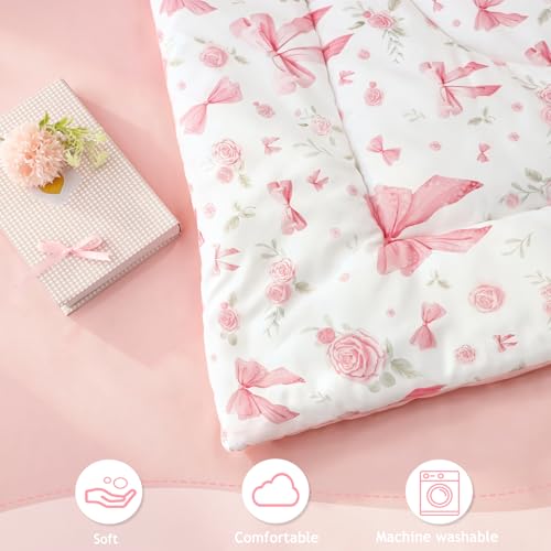 Image of Twin Kids Comforter Set for Girls Pink Rose, 5 Pieces Bed-in-a-Bag Toddler Bedding Set Soft Breathable, Cute Bow Flower Print, Includes Reversible Comforter, Fitted Sheet and Flat Sheet, 2 Pillowcases
