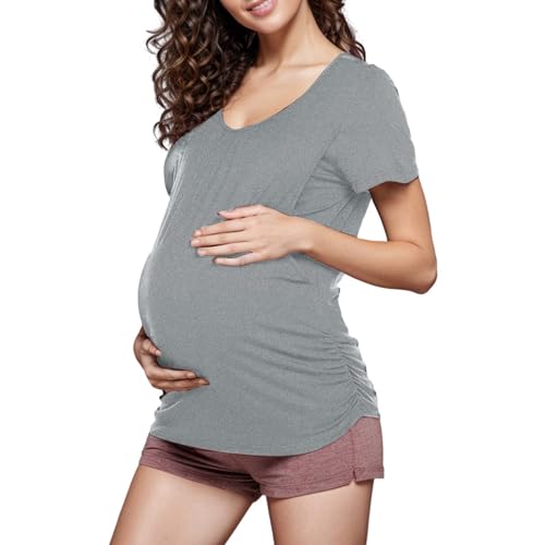 Pantalones capri para mujer, elásticos, informales, de manga corta, fruncidos lateralmente, con cuello redondo, chaleco de lactancia básico para lactancia, crema fina de filete de pescado, gris oscuro