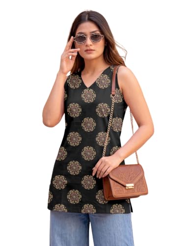 Image of Women's Printed Sleeveless Cotton Kurti Top with V-Neck, Straight Fit Casual Ethnic Tunic for Office, Daily & Casual Wear