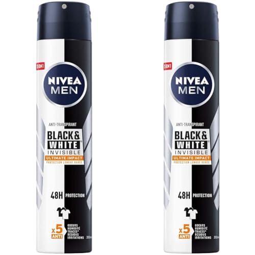 NIVEA MEN Déodorant anti-transpirant Spray Black&White Ultimate Impact 200 ml, antitranspirant homme protection 48H, antitranspirant aisselles sans alcool (Lot de 2)