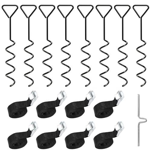NewHabitat | 8X Erdanker Bodenanker aus Stahl inkl. Gurte | Erdanker Set für Trampolin, Zelt, Pavillion & Schaukel, 18-teiliges Set, 38cm (Schwarz)