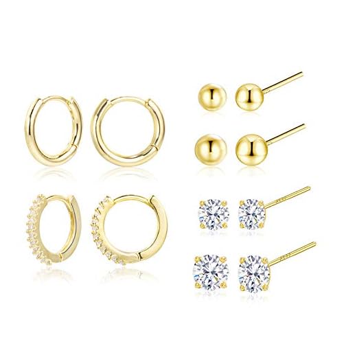 Earring Sets for Multiple Piercing | 14K Gold Plated Studs Earrings and Hoops Set Hypoallergenic Small Hoop CZ Ball Studs Earrings for Women Girls（6 Pairs）