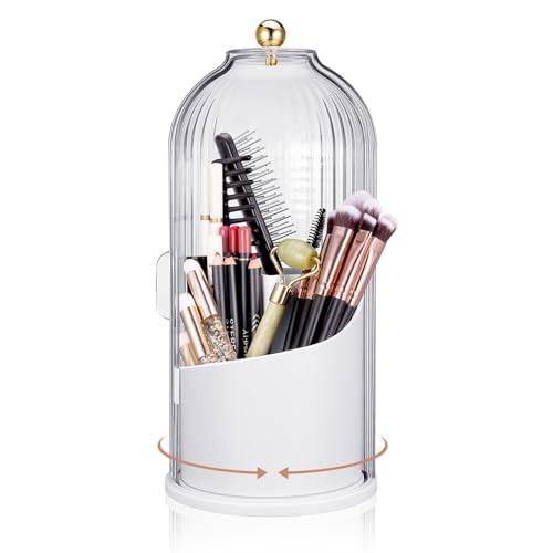 Partideal Makeup Brush Holder Organizer with Lid, 360° Rotating Makeup Brush Holder Case Dustproof & Waterproof, Makeup Container for Brush, Cosmetic, Lipstick, Eyeliner, Vanity and Bathroom