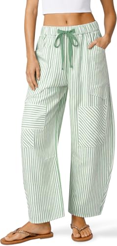 Image of TARSE Womens Striped Linen Barrel Pants with Pockets Y2k Patchwork