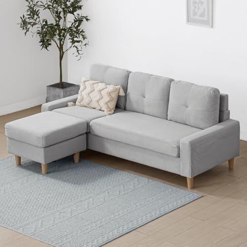 モダンデコ ソファー 3人掛け ペット対応 傷に強い オットマン付き 収納ポケット ファブリック (シルバーグレー ペット耐久生地)