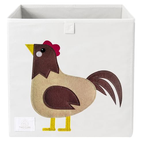 Image of Two Cubs Storage Box - Kids Toys Organizer (13"x13"x13"), White, Foldable Toy Storage Bin, Nursery Storage Basket, Cube Organizer for Ikea Kallax Shelves, Durable, Collapsible, Farm Animal - Rooster
