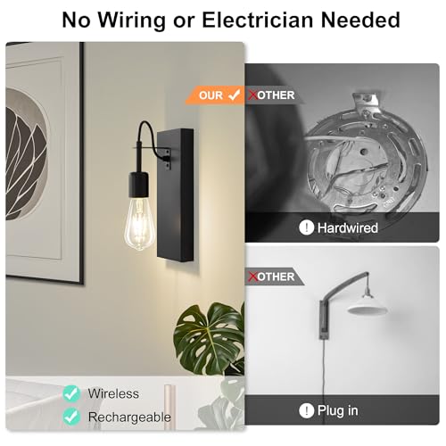 Image of Battery Operated Wall Sconces Set of 2, Black Rechargeable Wall Lights with 8000mA Dimmable Detachable Bulbs, Industrial Wall Lamp for Living Room Bedroom Dining Room