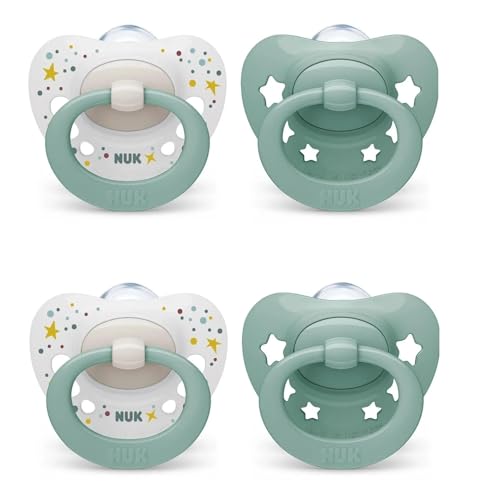 Image of NUK Signature Silicone Pacifier, Orthodontic, 0-6 Months, includes Storage Case, BPA Free, 4 Count, for Baby Boys and Girls (Green)