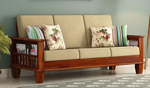 Image of Solid Sheesham Wood 5 Seater Sofa Set for Living Room Without Centre Table | Wooden 3+1+1 Five Seater Sofa Set with Cushions | Modern Sofa Set Furniture for Home, Office & Lounge | Honey Finish