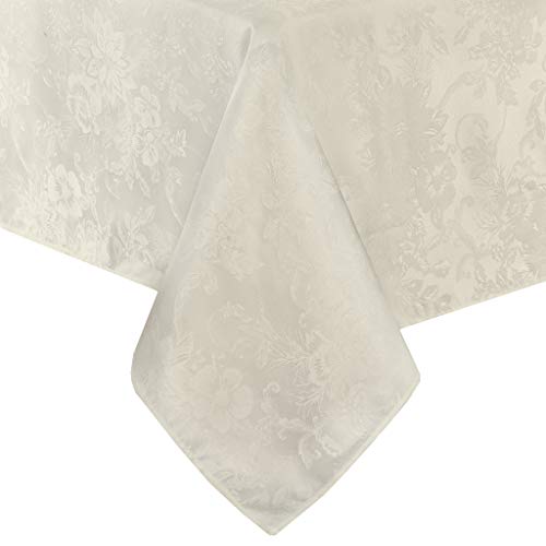 Elrene Home Fashions Poinsettia Elegance Jacquard Holiday Tablecloth, 60  x 144  Oblong Rectangle, Ivory