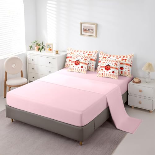 Image of Cartoon Ladybug Bedding Sets Queen Red Orange Bowknot Hearts Comforter Set Watercolor Stripes Grid Rustic Style All Season Comforter Flat Sheet Fitted Sheet 2 Pillowcases 2 Throw Pillow Covers 7 Pcs