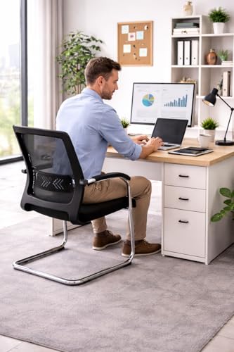Image of MLU Ergonomic Mesh Office Guest Chair Set of 2 with Lumbar Support, Metal Cantilever Frame, Breathable Back, Cushioned Seat, Visitor /Conference Chair (Black)
