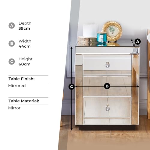 Furniturebox UK Mirror Bedside Table - Italian Mirrored Bedside Table With 3 Drawers, Modern Side Cabinet For Bedroom With Cut Glass Drawer Knobs - Image 5