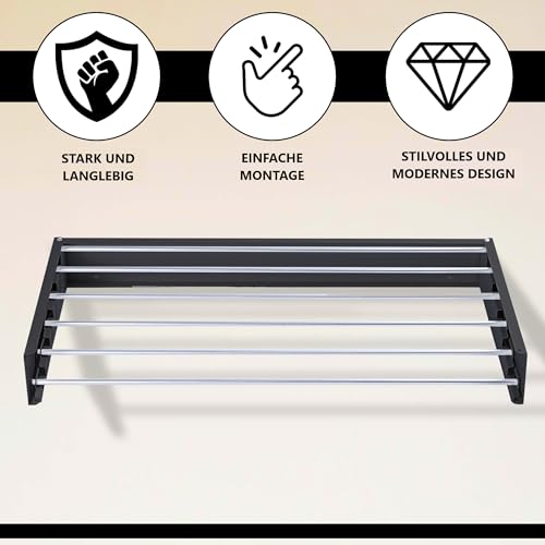 Vonia Wandtrockengestell 100 x 50 cm – platzsparend & zusammenklappbar – robuster Wäschetrockner zur Wandmontage im Badezimmer, auf dem Balkon und in kleinen Wohnungen – schwarz