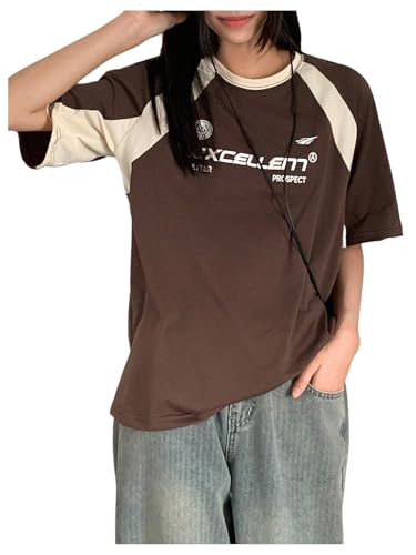 Girl's Color Block Short Sleeve T Shirts Letter Graphic Tees Summer Vintage Casual Shirt