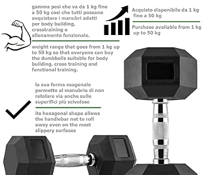 Haltère Hexagonal Caoutchouté DONATIF - Poids 2,5 à 50 Kg, Poignée Ergonomique Antidérapante, Pour Home Fitness