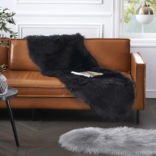 Image of Faux Fur Wave Rug for Bedroom, Fluffy Soft Sheepskin Rug, 2.5x5ft Plush Area Shaggy Rugs Floor Carpets for Nursery Bedside, Cute Fuzzy Home Decor (Black)
