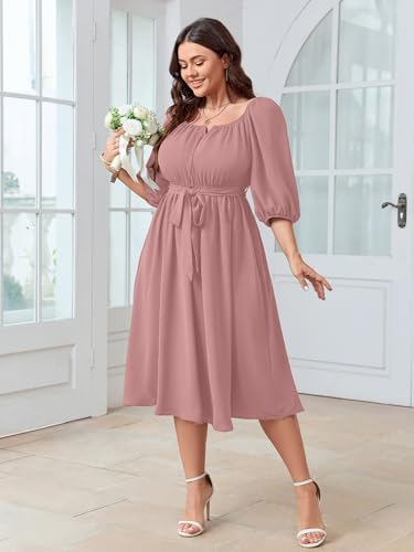 Image of SCOMCHIC Women Plus Size Midi Dresses Puff Short Sleeve Square Neck Wedding Guest Elegant Flowy Belted A Line Dress