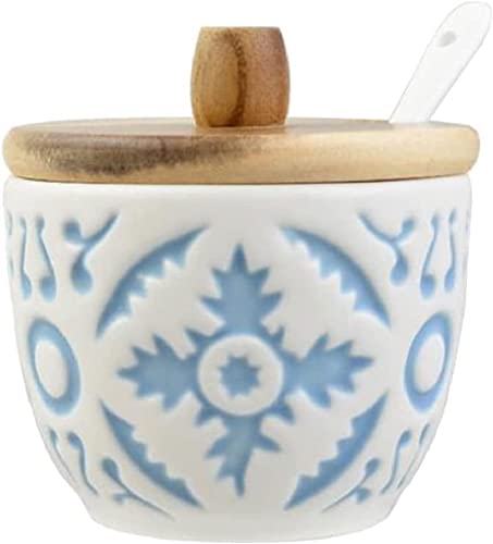 MAGICVOGEL Gewürzbehälter Keramik Gewürzdose mit und Löffel Holzdeckel Zuckerdose Gewürzhalter Salzdose Gewürzgläser Vorratsdose für Küche Zuhause Restaurant Café (1)