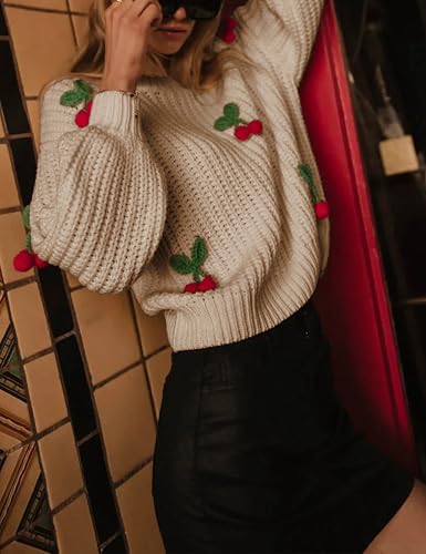 SCUSTY Women's Chunky Knit Sweater with 3D Cherry Embroidery Fall Winter Warm Outfits Crewneck Knit Trendy Pullover Tops4