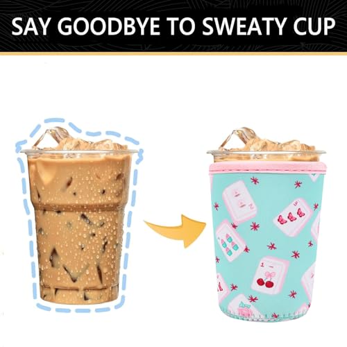 Image of YR Reusable Neoprene Insulator Sleeve for Iced Coffee Cups, 3 Pack Coffee Coolies sleeves for Iced & Hot Drinks, Cold Beverage Cooler Compatible with Starbucks Coffee and More (Cute Mahjong)