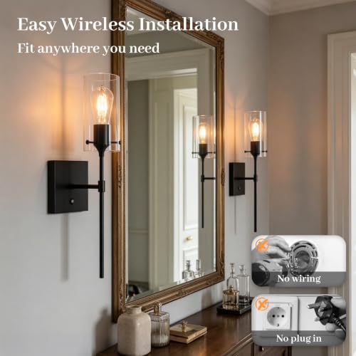 Image of Modern Battery Operated Wall Sconces Set of 2, Wireless Rechargeable Wall Light with Remote Control, Dimmable 3000K /4500K /6000K Cordless Glass Sconce for Bedroom Living Room Bathroom Hallway Entryway