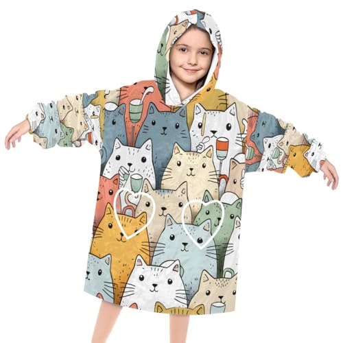Wearable Blanket Hoodie for Kids, small cat Fleece Sweatshirt Blanket Oversized Blanket Sweatshirt with Pocket Flannel Warm Hooded Blanket 6-10 Year Old Girl Boy Gift, One Size