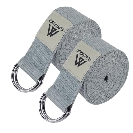 flintronic Yoga Cinturon, 2 PCS Natural Correa Yoga Algodon, con Hebilla Metal D-Anillos, para Principiantes y avanzados, Ejercicios de Estiramiento, Fitness, Pilates - Gris (250 x 3.8 cm)