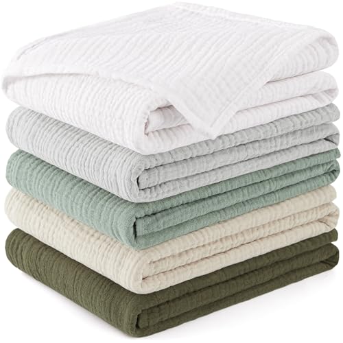 Susurration Langes Coton BéBé 60x60cm,Lot de 5 Mousseline de Coton Carrés de Mousseline Super Absorbant de Mousseline à Grain pour Unisexe Bébé Filles et Garçons(Vert)