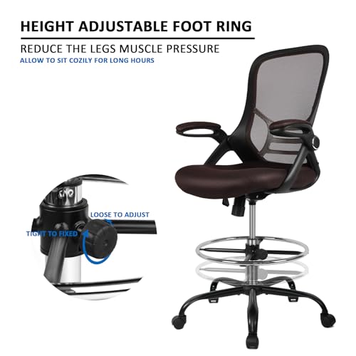 Image of HYLONE Drafting Chair, Tall Office Chair Standing Desk Chair Brown Mesh High-Back Drafting Stool with Flip-Up Arms, Adjustable Foot Ring, Brown