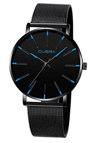 Preisvergleich Produktbild Alcentis Armbanduhr, Unisex, Milanaise, schwarzes Zifferblatt, blaue Zeiger, schick und minimalistischer Stil