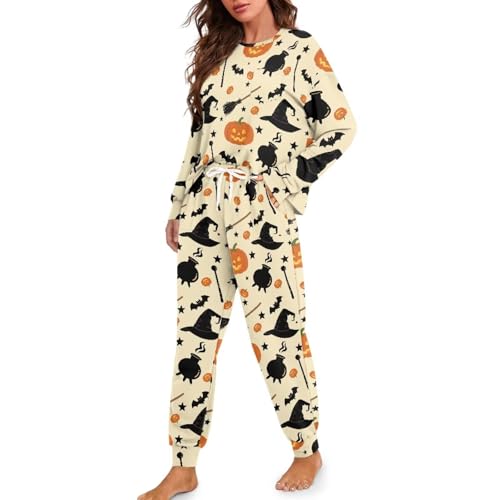 Image of Womens Lounge Set Long Sleeve Soft Pajama Sets Casual 2 Piece Pj Outfit Crewneck Sleepwear with Pockets Plus Size
