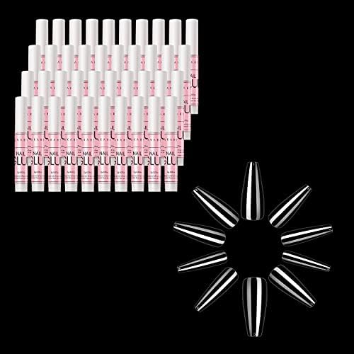 Makartt 40Pcs Nail Glues Bulk for Acrylic Nails with Coffin Nails Tips Bundle, Super False Nail Adhesive Glue for Nail Repair, 500pcs Clear Full Cover Press on Nails Long Ballerina Nails 10 Sizes