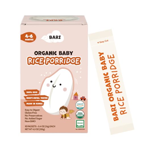 BARI Organic Rice Porridge Stage 1 (4-6 Months) 100% Organic Rice, Rice Cereal Product of Korea, Heavy Metal Tested, Gluten-Free, Mix with Breastmilk, Water or Baby Formula, 4.2oz (0.4oz x 10packets)