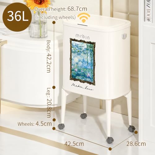 Image of MRBIN Metal Motion Sensor Kitchen Trash Can with Wheel Legs, Medium Press Lid Slim Waste Basket, 36L / 9.5gal Pet Proof Tall Narrow Garbage Pail for Vanity, Living Room, Bathroom, Bedroom, Water Lily