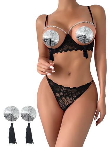 Image of Lilosy Women's Sexy Underwire Floral Lace Sheer Lingerie Set See Through Bra and Panty 4 Pieces Pasties Chain Black Large
