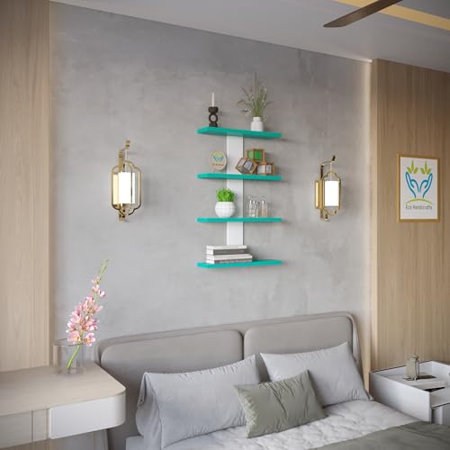 Image of Wooden Wall Mounted Floating Rack Shelves Book Stand Display Hanging Shelf Living Room Bedroom Storage Home Office for Decoration Showcase (Cyan White)