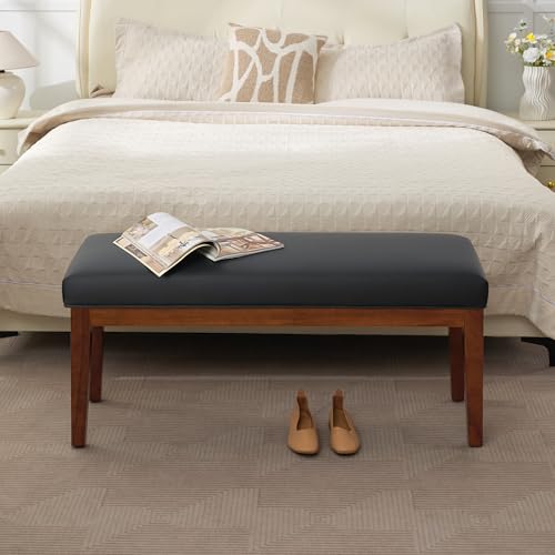 Image of WUTUTUEE 43.5'' Faux Leather Bedroom Bench, Upholstered End of Bed Bench, Padded Vintage Dining Bench, Entryway Bench with Solid Wood Legs, Kitchen, Living Room, Hallway, Black