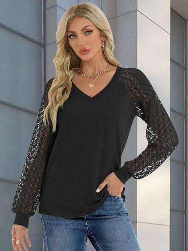 ATHMILE Womens Long Sleeve Shirts V-Neck Lace Tops Business Casual Blouses Tee 2025 Trendy Fall Fashion Outfits Clothes2