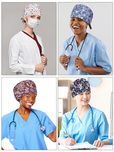 Image of 6 Pc Satin Lined Scrub Caps Women with Buttons Ponytail,Vintage | Surgical Caps for Nurses Various Departments, Adjustable Tie Back, Working Hats with Ponytail Hole, Soft Satin Lining