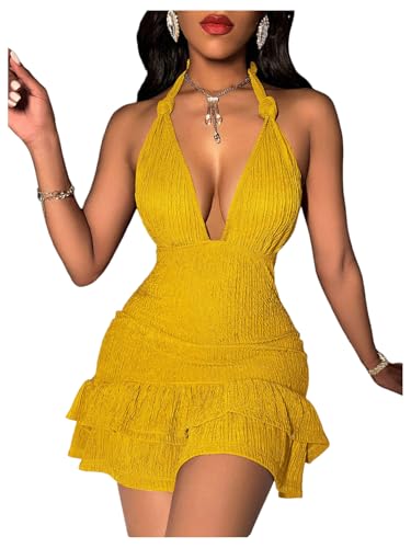 SOLY HUX Women's Summer Halter Bodycon Mini Dress Sexy Deep V Ruffle Party Cocktail Cami Dresses