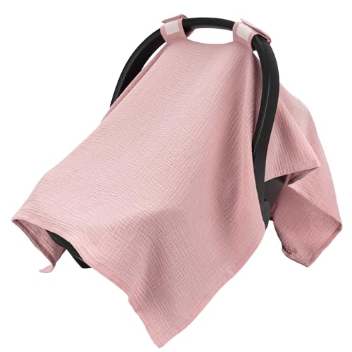 Image of SERAPHY 100% Muslin Cotton Car Seat Cover Baby, Universal Carseat Covers, Breathable Baby Car Seat Canopy for Boys Girls, Soft Infant Car Seat Cover for Summer —Pink