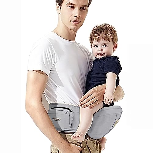Image of ANGELBB Baby Hip Seat Carrier with Pockets Ergonomic Infant Waist Stool Adjustable Belt Multiple Safe Guaranteed Fabric Anti-Slip Lightweight for Newborn Shower (Grey)