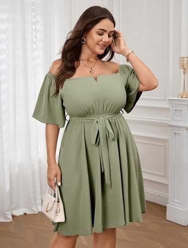 Image of SCOMCHIC Womens Plus Size Cocktail Dress Summer Off Shoulder Short Sleeve Flowy Ruffle A-Line Cute Mini Dress with Belt