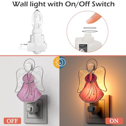 Image of Stained Glass Pink Guardian Angel Night Lights Plug into Wall | Plug in Night Light In Wall Socket Decorative Nightlight for Bedroom Hallway,Mothers Day Gifts for Mom Birthday Christmas