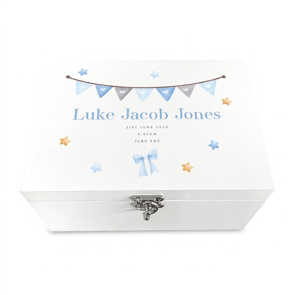 The Lovely Keepsake Company Men's White Personalised Blue Garland New Baby Wooden Keepsake Box | Baby Shower, New Baby | 30Cm X 23Cm X 18Cm