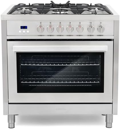 COSMO F965 36 in. 220/240V Dual Fuel Range with 5 Gas Burners, Electric Convection Oven with 3.8 cu. ft. Capacity, 8 Functions, Black Porcelain Interior in Stainless Steel COSMO F965 36 in. 220/240V Dual Fuel Range with 5 Gas Burners, Electric Convection Oven with 3.8 cu. ft. Capacity, 8 Functions, Black Porcelain Interior in Stainless Steel